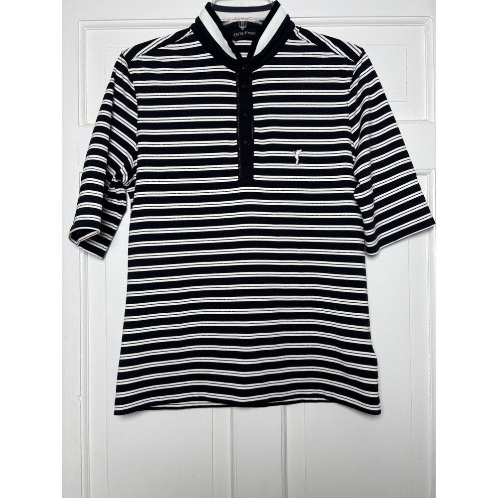 Golfino Women’s S Quarter Button Mock Neck Blk/Wht/Gold Stripe Golf 1/2 Slv Top